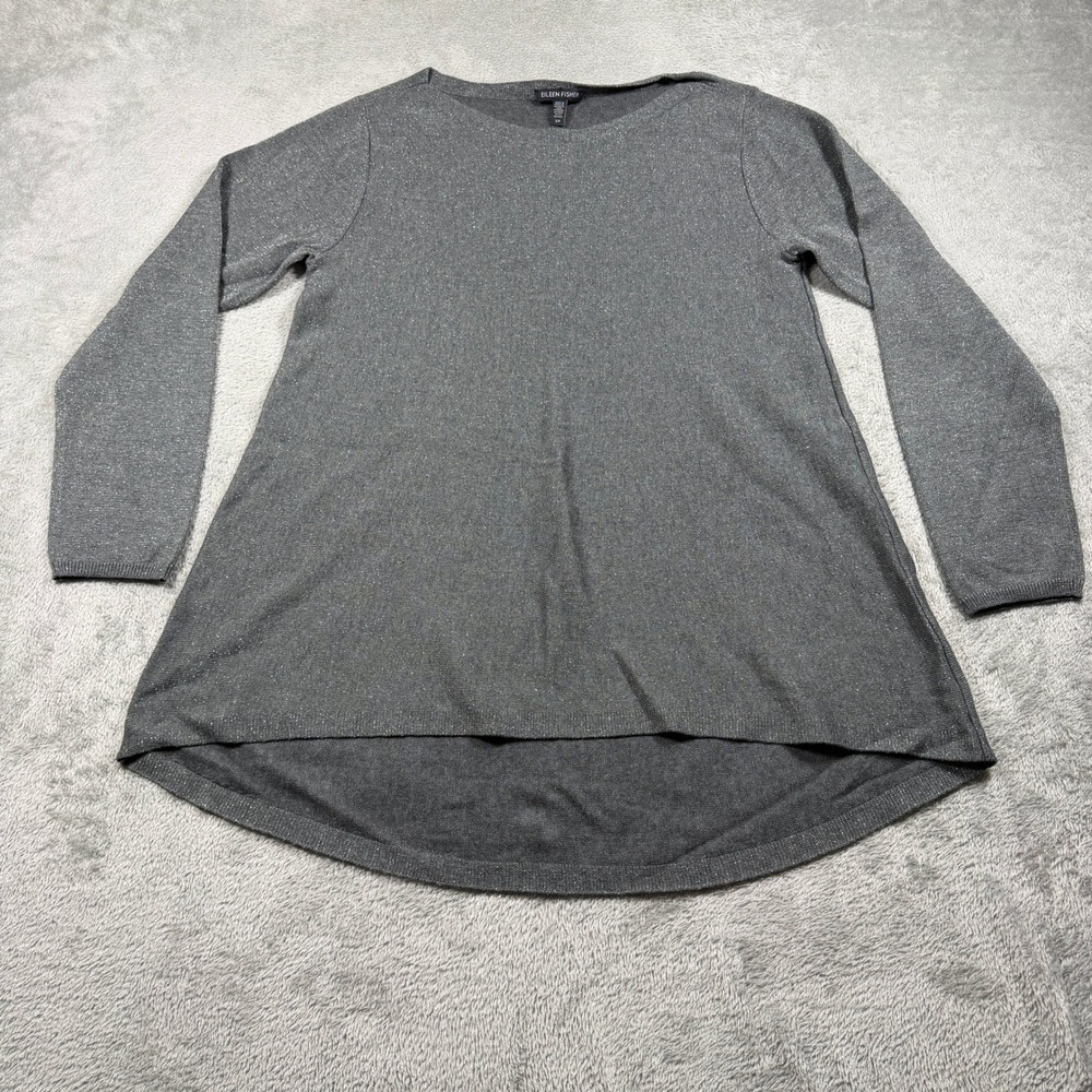 Eileen Fisher Tunic Top Womens Small Grey Metallic Knit Boat Neck Hi-Low